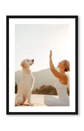 Golden Hour Yoga Woman and Dog in Harmonious Outdoor Practice on Natural Mat - Wellness Lifestyle and Human-Animal Bond in Modern Fitness Content Creation