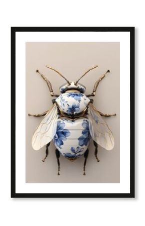 On a beige solid color background, a mechanical bee, covered in a Blue and white porcelain-patterned floral skin print,rendered in cinema4d style, dreamy and RomanticOn a beige solid color background,