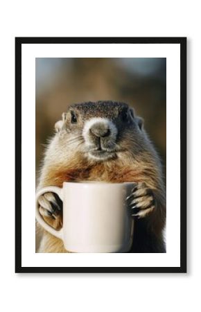 A groundhog holds a cup of coffee, showing its love for morning routines