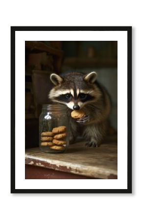 A raccoon stealing cookies from a jar,