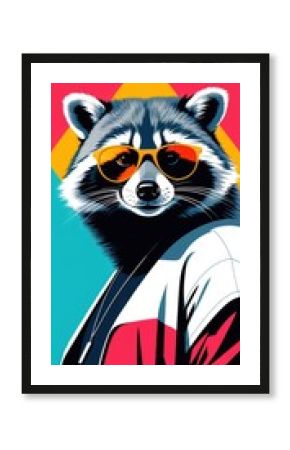 Stylish raccoon in sunglasses and jacket against retro geometric background