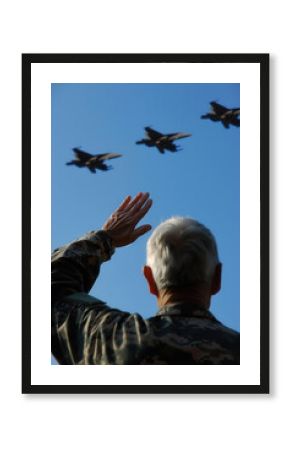 Veteran Saluting Military Jets During Memorial Day Ceremony in Crisp Uniform