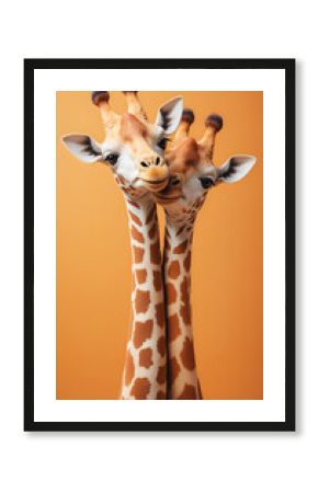portrait of couple  cutest giraffes  against orange background. Digital artwork. Ai generated