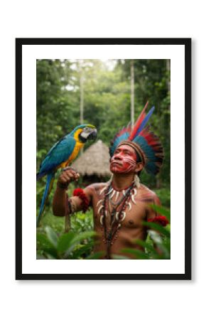 Amazon Tribe Guardian: Man, Macaw, and Culture. Indigenous Peoples of Brazil, Rainforest Protector. Colorful portrait of nature and culture!