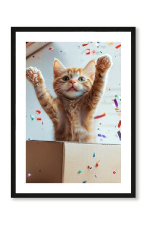 playful orange cat with raised paws is emerging from cardboard box, surrounded by colorful confetti. scene captures joyful and festive atmosphere, perfect for celebrations
