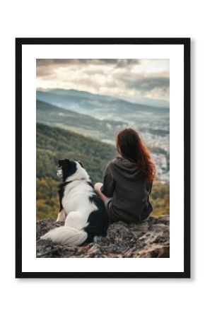 Sunset reflections: Girl and her loyal dog share a mountain moment above the valley