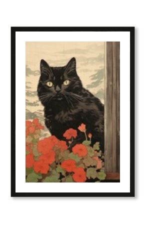 Traditional japanese wood block print illustration of a black cat with flower on the roof painting animal mammal.