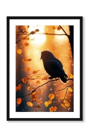 Silhouette of an Owl Perched on a Branch Amidst Autumn Leaves at Sunset