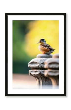 Small Brown and White Duck Perched on Ornate Stone Column in a Sunny Park