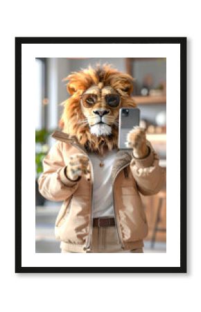 An animal lion fashion blogger with phone in the trendy clothes