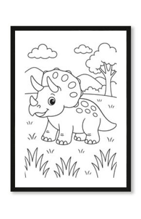 a cute triceratops in a meadow. Coloring page for kids