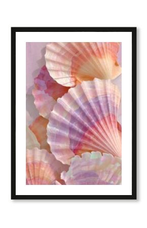 Colorful seashells with iridescent textures arranged artistically on a soft pastel background, showcasing natural beauty and intricate patterns of marine life