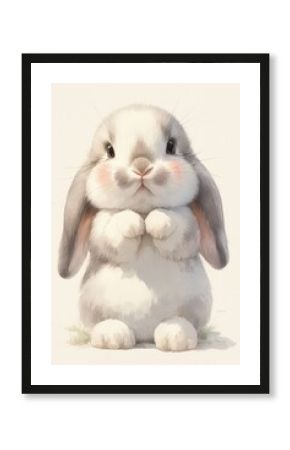 Adorable lop-eared rabbit with pink cheeks posing on a solid, pale background