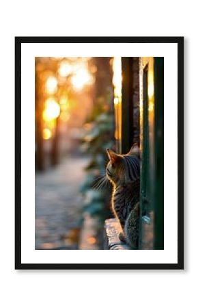 Tabby Cat Gazing at Sunset from a Window