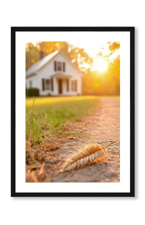 Tiny Farmhouse in a Wide Crop Field at Sunset