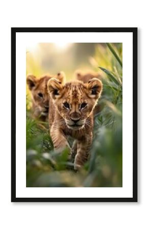 Three Adorable Lion Cubs Playing in Tall Grass at Sunset