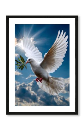 Dove, Holy spirit dove flies in blue sky, bright light shines from heaven, christian symbol