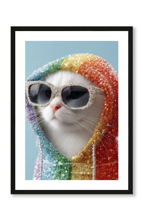 Weiße Katze mit Glitzer-Sonnenbrille und Regenbogenkapuze