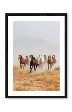 Group of wild horses running through dry dusty field with mountains in background under hazy sky