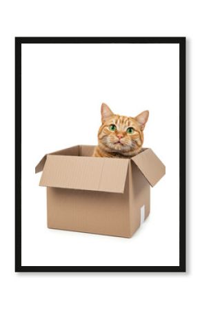 Orange cat in a cardboard box isolated on transparent background