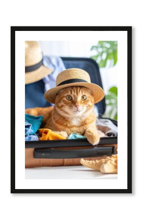 An adorable orange tabby cat wearing a straw hat comfortably lounges inside an open suitcase filled with colorful clothes, ready to join a sunny holiday adventure.