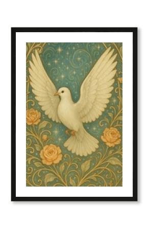 Elegant dove amidst floral swirls.