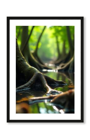 A close-up shot of a tree trunk submerged in water, with intricate details on its bark and surrounding aquatic life