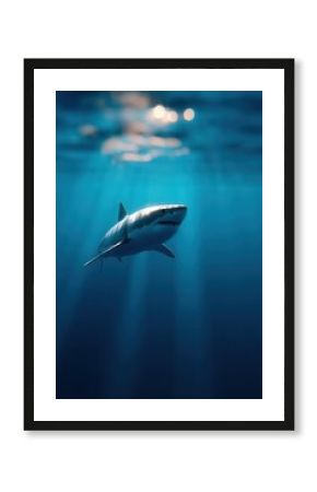 Shark silhouette swims beneath sunlight in deep ocean waters at midday. Shark Awareness Day and Shark Week