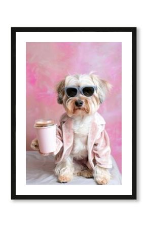 Stylish dog wearing sunglasses and jacket holding coffee against pink background