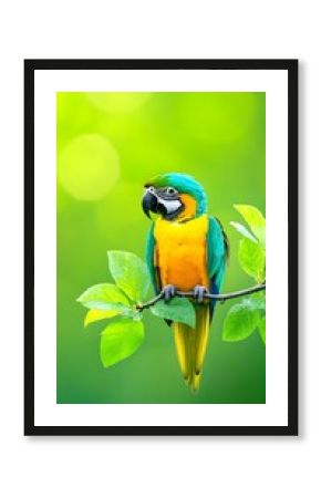 A vibrant blue-and-gold macaw perches on a slender branch amidst lush green foliage, bathed in soft, sunlit bokeh.  Its plumage is strikingly detailed against the verdant background