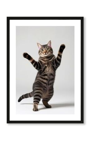 Tiger cat standing and dancing on simple white background. Illustration.