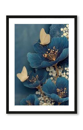 Elegant butterflies resting on vibrant blue flowers with intricate details