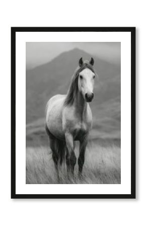 Majestic horse standing in a lush field with mountains in the background during a cloudy day