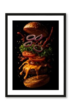 Gourmet burger ingredients artistically deconstructed.