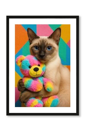 Cat cuddling colorful teddy bear.