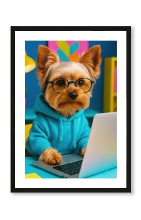 Adorable dog using laptop stylishly.