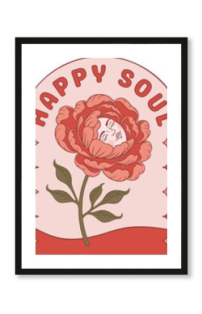 Vector art showing coral-red flower with human face framing HAPPY SOUL text, transparent background