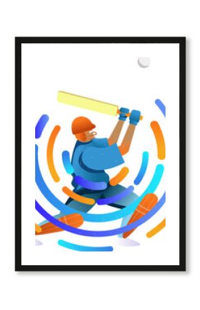 Cricket batsman is swinging yellow bat in flat vector art with motion arcs, transparent background