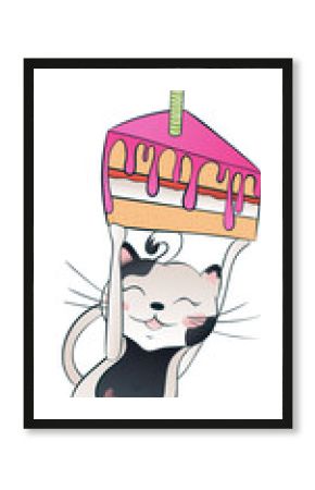 Cartoon cat is holding slice with pink icing, striped candle on transparent background, copy space