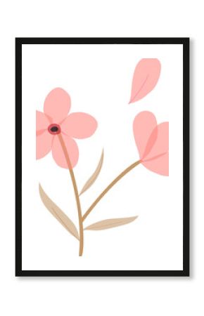 Minimalist art is featuring coral pink flower with beige stem and leaves on transparent backdrop