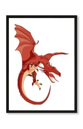 Flat design red dragon is flying with scales, bat wings and sharp claws on transparent background