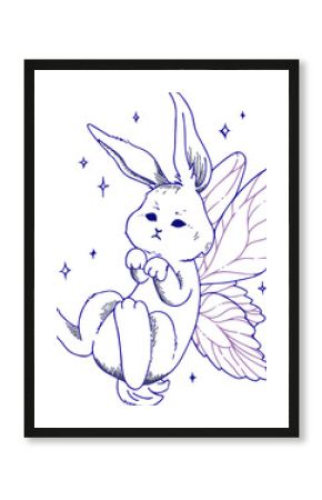 Blue line art rabbit fairy is flapping butterfly wings, sprinkling stars, transparent background