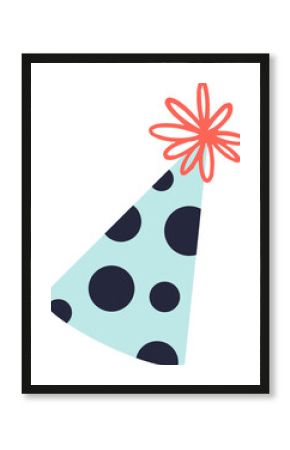 Festive party hat is floating on transparent background, featuring blue dots and orange ribbons