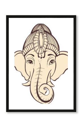 Stylized line-art elephant head is showing curling trunk and ornate crown on transparent background