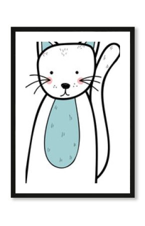 Cartoon cat is standing upright with pastel blue belly patch, hand-drawn, transparent background