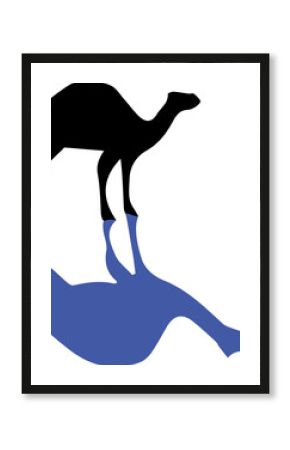 Stylized black camel silhouette is standing over blue puddle on transparent background, flat design