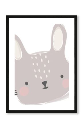 Minimalist cartoon bunny head is being shown on transparent background, pastel gray off-white ears