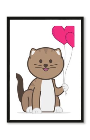 Cartoon design brown striped cat is sitting holding two pink heart balloons, transparent background