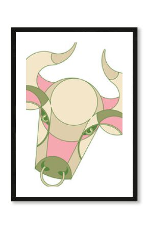 Showing flat geometric cow head with curved horns nose ring almond eyes ears transparent background