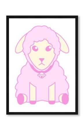 Flat design sheep is sitting on transparent background, showing pastel pink wool and bell collar
